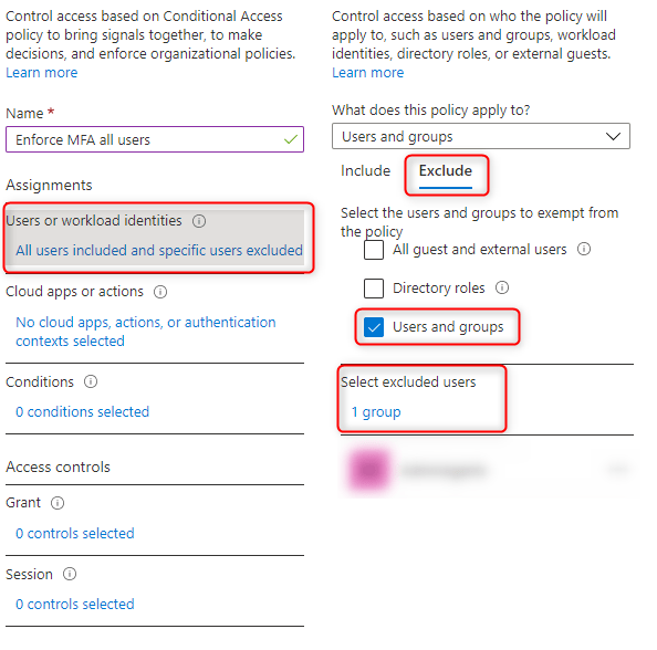 Conditional Access - Assignments User and Groups (Exclude)