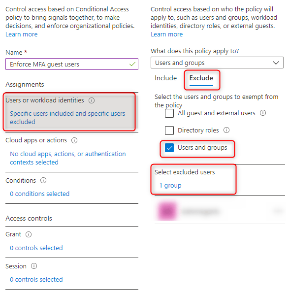 Conditional Access - Assignments User and Groups (Exclude)