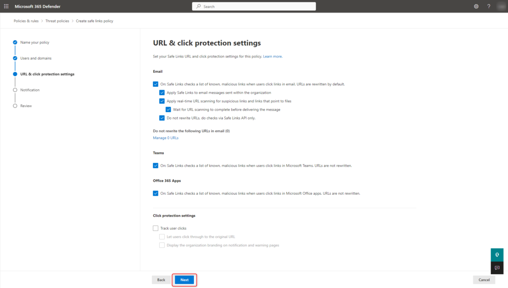 M365 - Safe Links Protection Settings