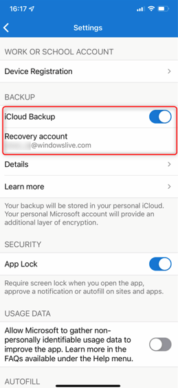 Backup Microsoft Authenticator App - Settings Enable iCloud Backup