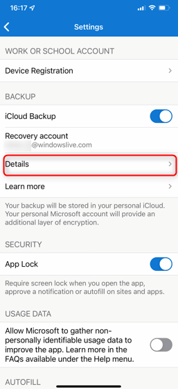 Backup Microsoft Authenticator App - Settings Details