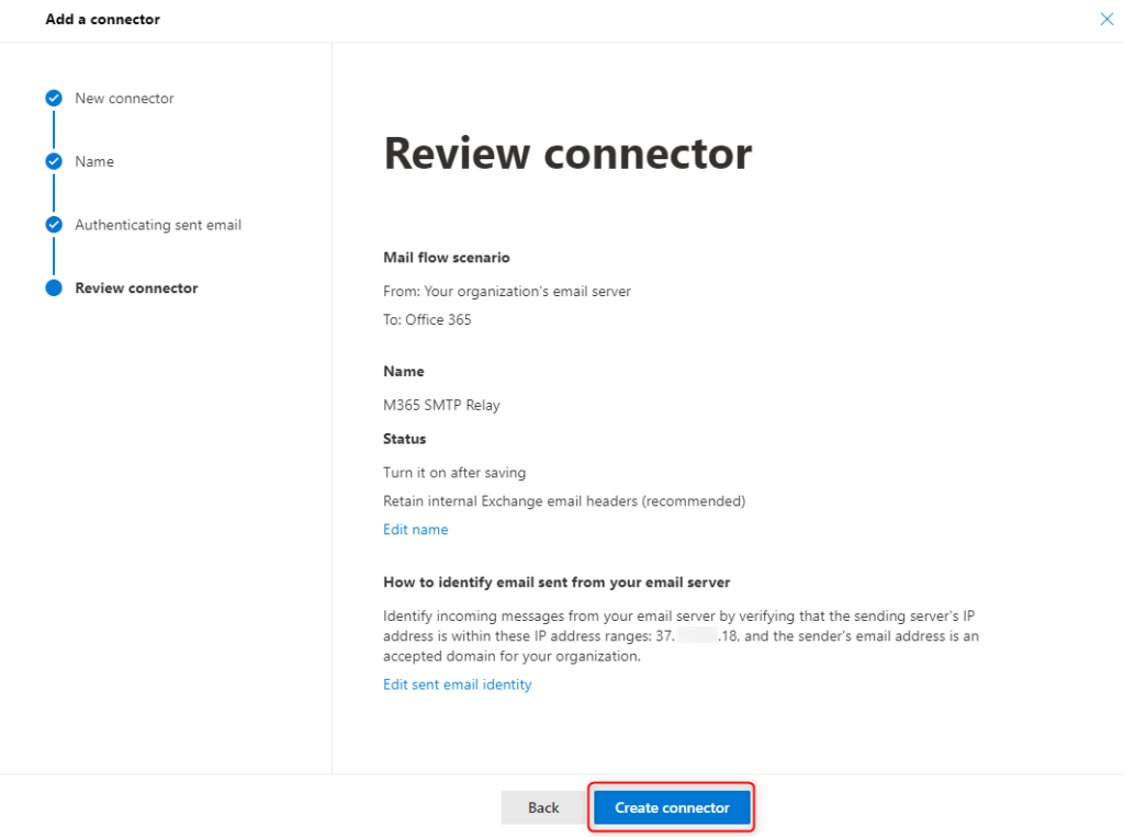 Microsoft 365 SMTP Relay - Review connector
