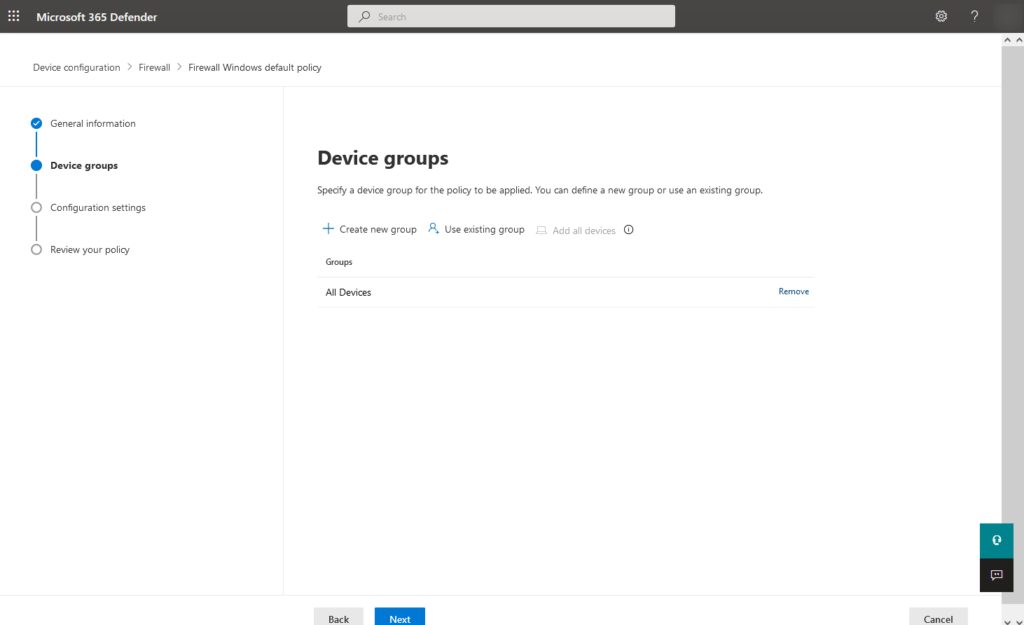 Microsoft Defender for Business Windows Firewall - Device groups