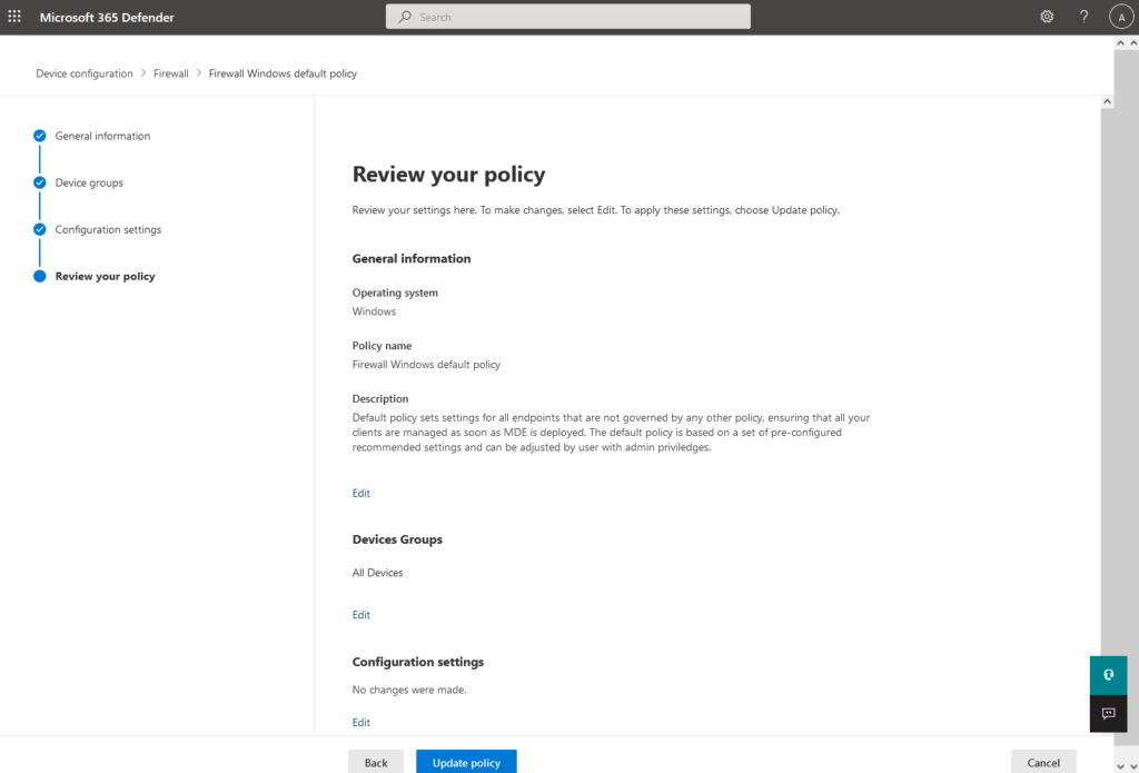 Microsoft Defender for Business Windows Firewall - Review settings