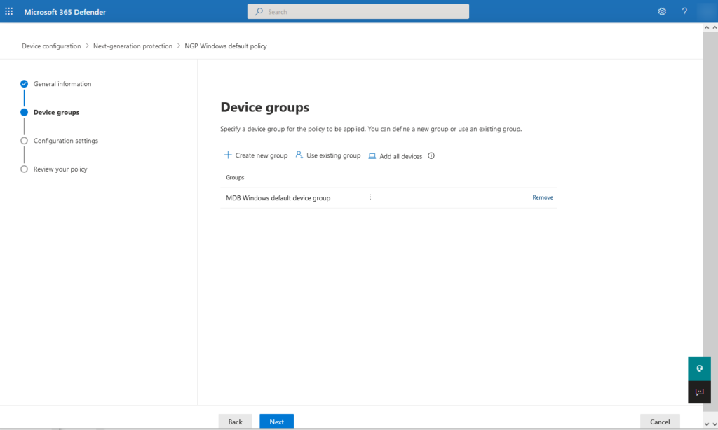 Microsoft Defender for Business Next-Generation Protection - Device groups