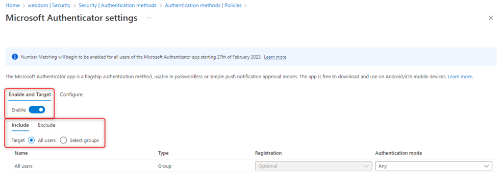 Aktivierung Nummer Abgleich Multi-Faktor Authentifizierung - Microsoft Authenticator settings