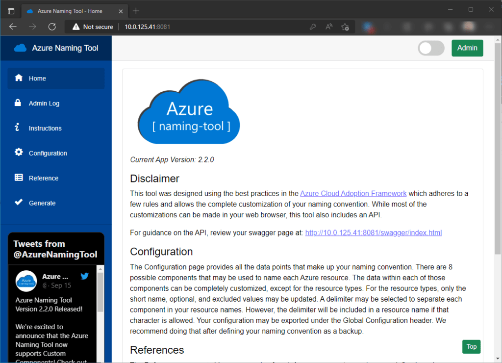 Deploying Azure Naming Tool on a docker container - Azure Naming Tool first run