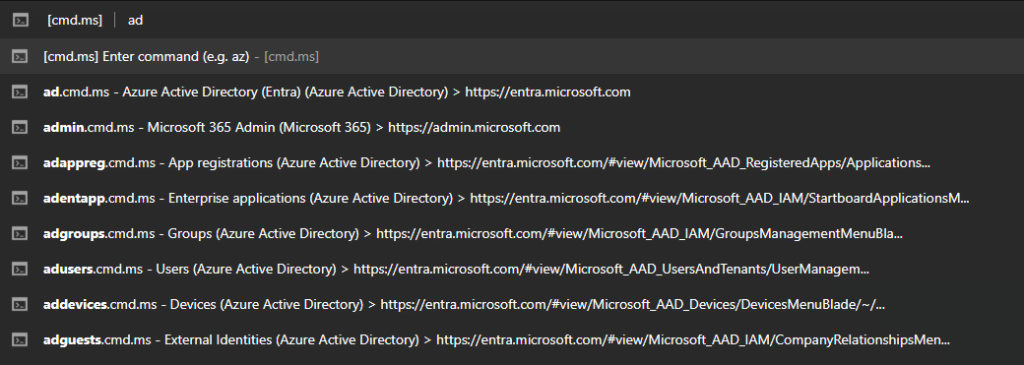 cmd.ms Microsoft Cloud command line for the browser - Address bar autocomplete