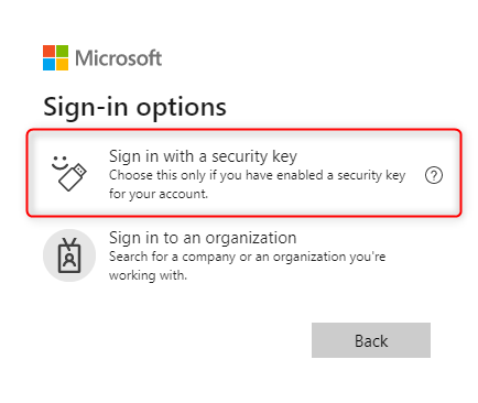 Sign-in options - sign in with a security key