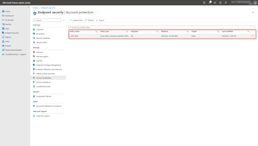 Windows LAPS in Microsoft Intune - Account protection policy overview
