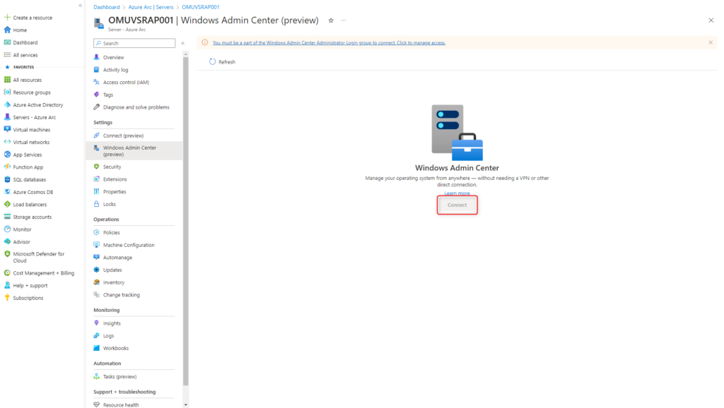 Azure Arc Windows Server - Windows Admin Center Connect greyed out