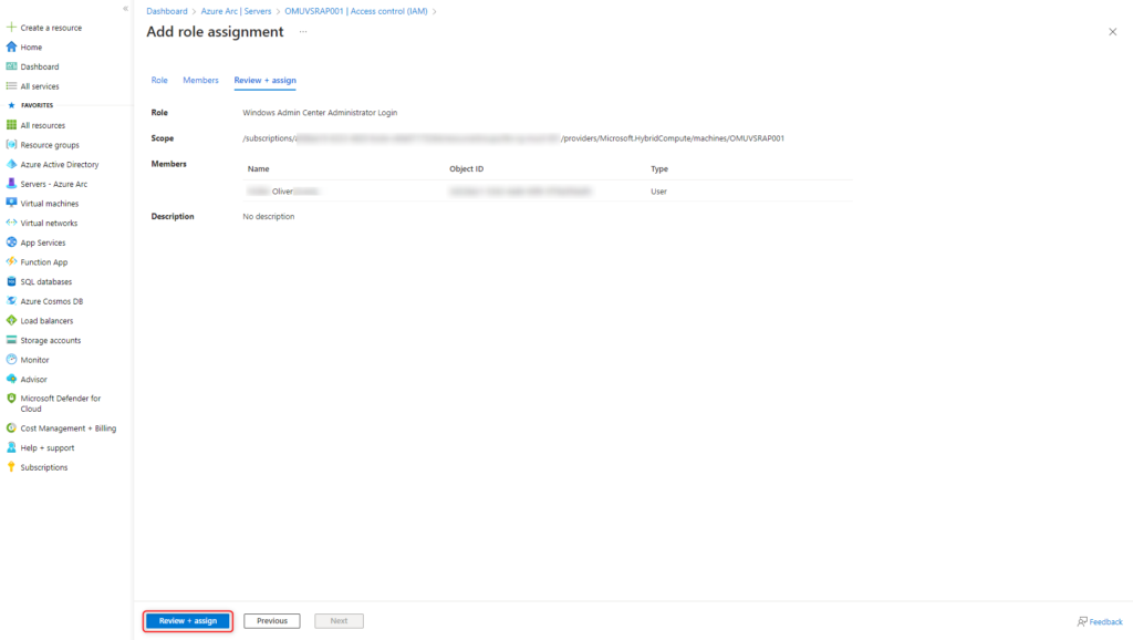 Azure Arc Windows Server - Add role assignment Review + assign