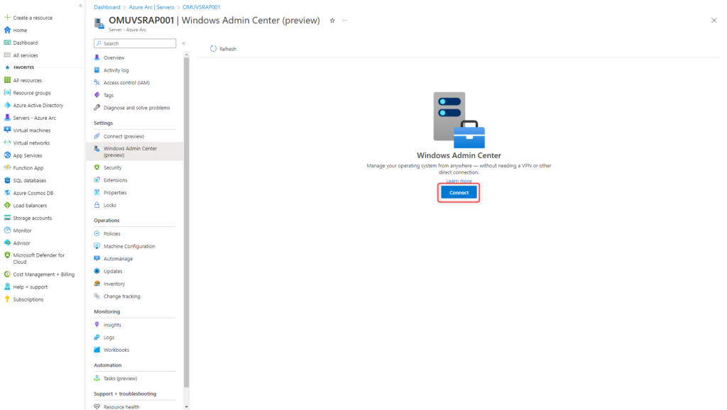 Azure Arc Windows Server - Windows Admin Center Connect Button