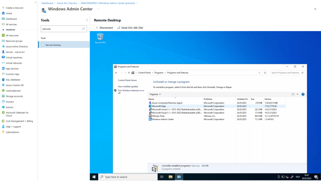 Azure Arc Windows Server - Windows Admin Center Remote Desktop