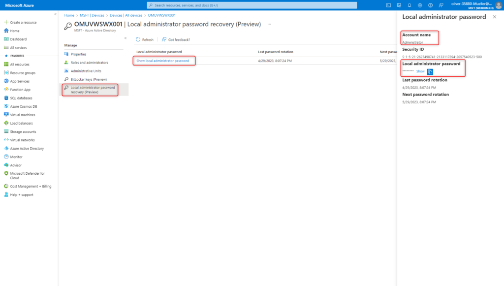 Windows LAPS in Microsoft Azure Portal -  Show credentials of local administrator