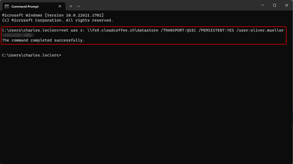 SMB over QUIC Azure Server - Command Prompt net use