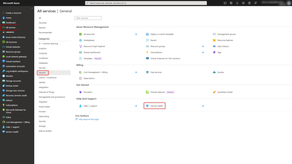 Azure Service Health - all services