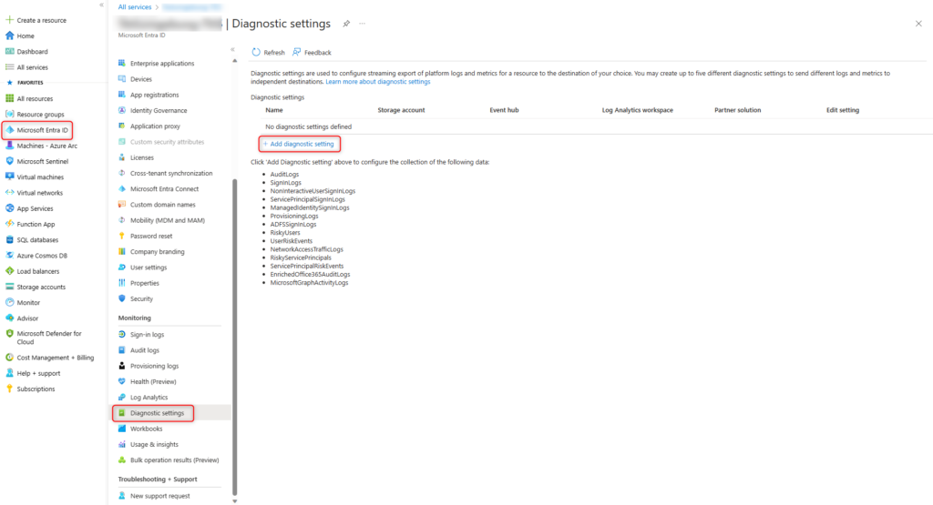 Microsoft Entra ID Add diagnostic settings