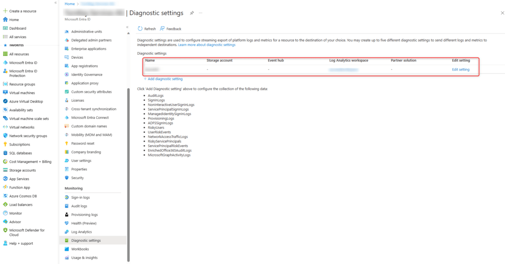Microsoft Entra ID Add diagnostic settings details
