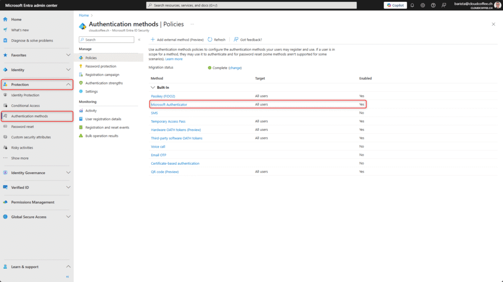 Authentication methods policies overview with Microsoft Authenticator enabled for all users
