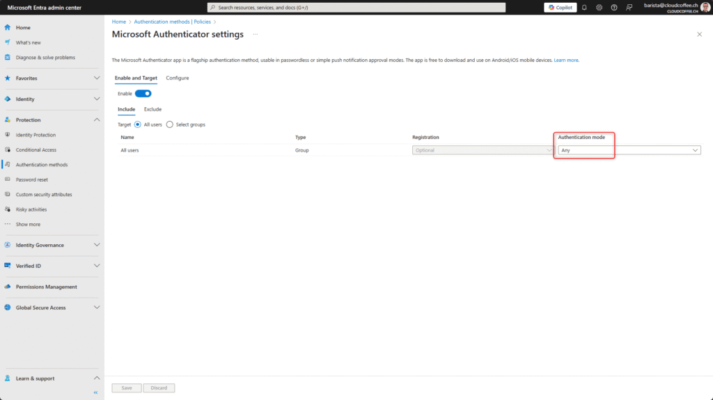 Microsoft Authenticator method policy settings for all users in Entra ID