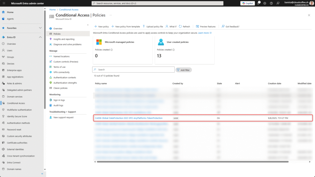 Microsoft Entra Conditional Access – Policy overview with token protection enabled