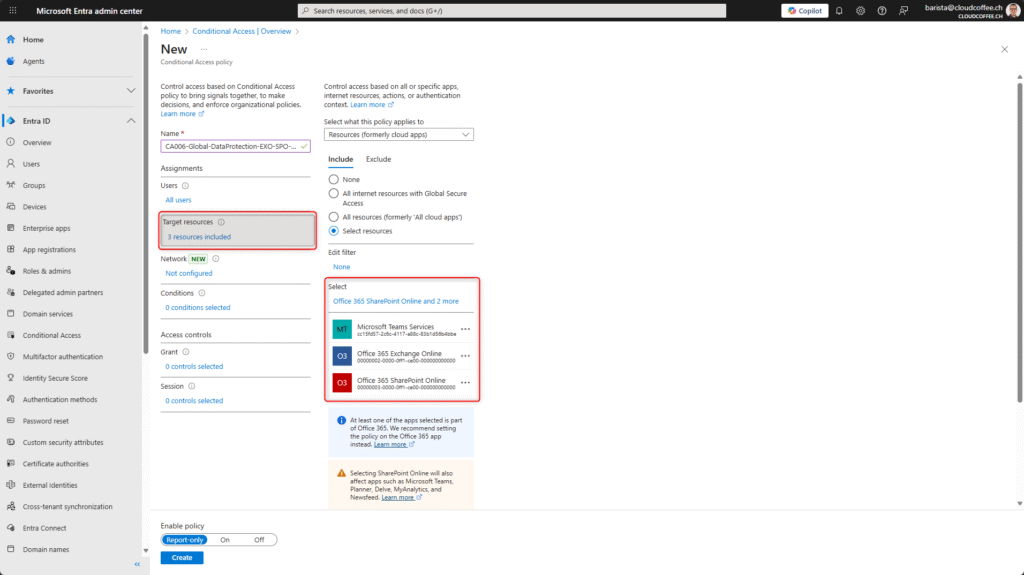 Microsoft Entra Conditional Access – Selecting target resources Exchange, SharePoint, and Teams