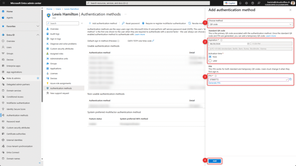 Microsoft Entra ID add QR code authentication method for user