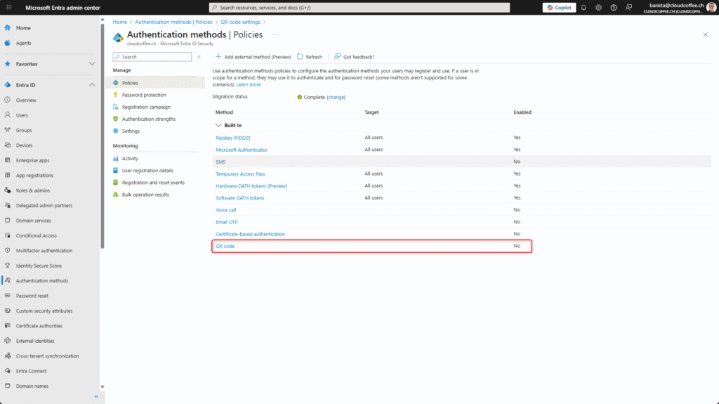 Microsoft Entra ID QR Code authentication method disabled for all users