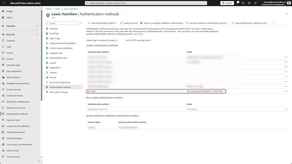 Microsoft Entra ID user authentication method with QR code and expiration date