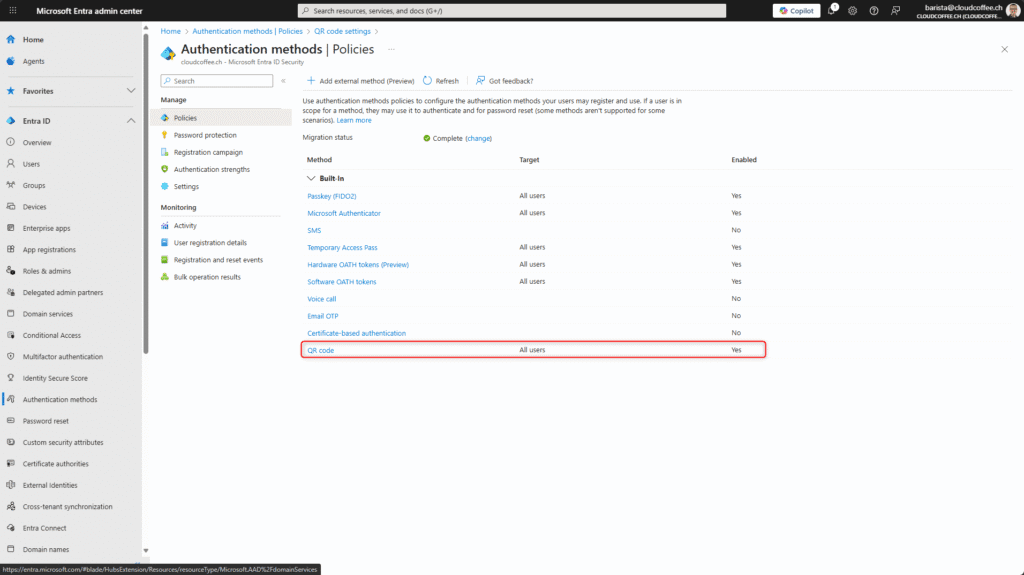 Microsoft Entra ID QR Code authentication policy enabled for all users