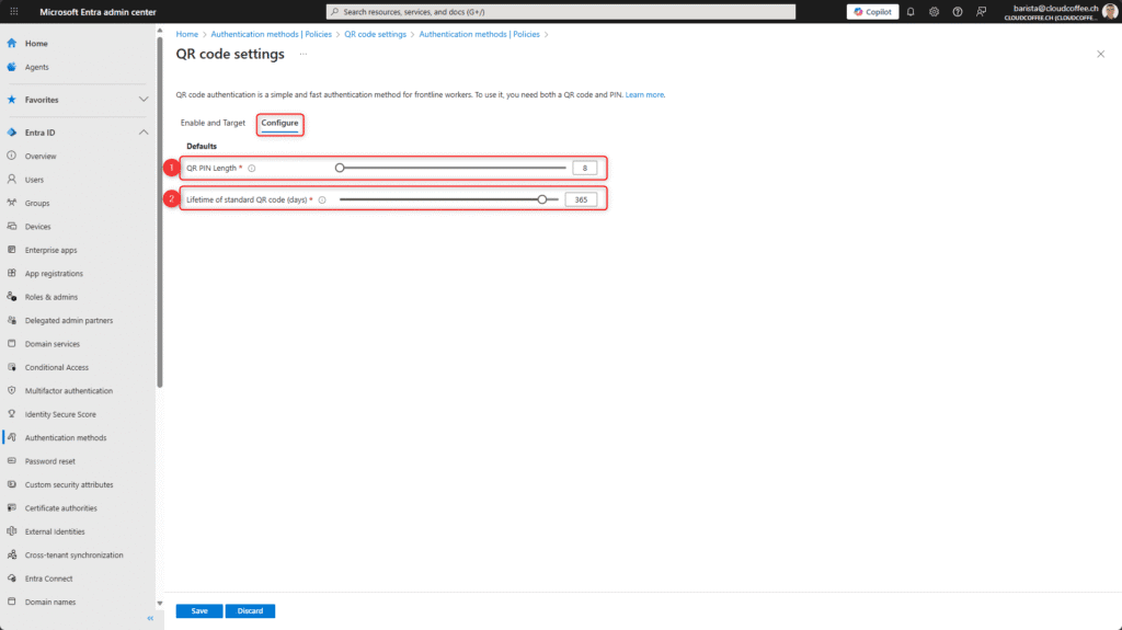 Microsoft Entra ID QR code settings configure view with PIN length and lifetime options