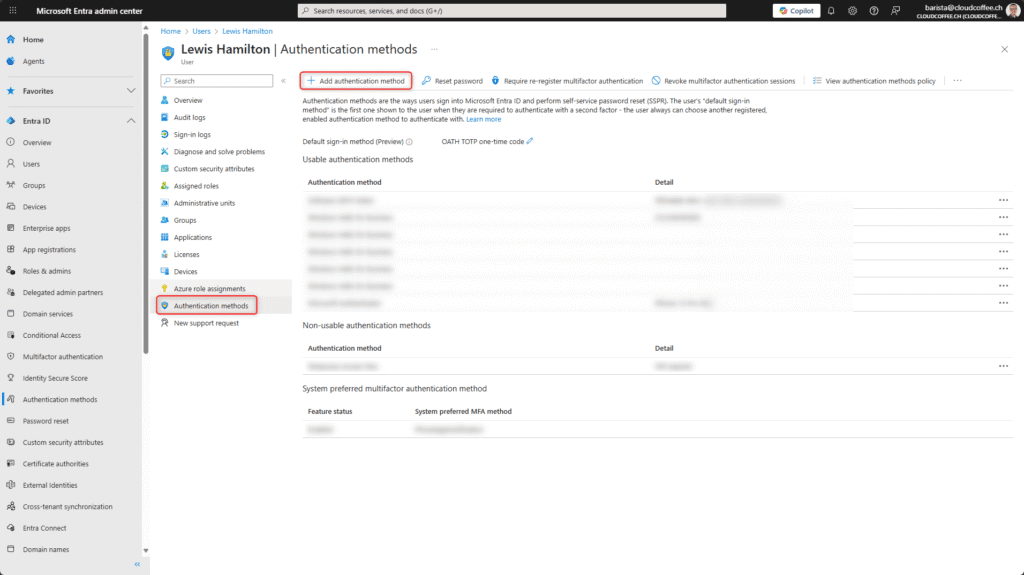 Microsoft Entra ID user authentication methods configuration screen