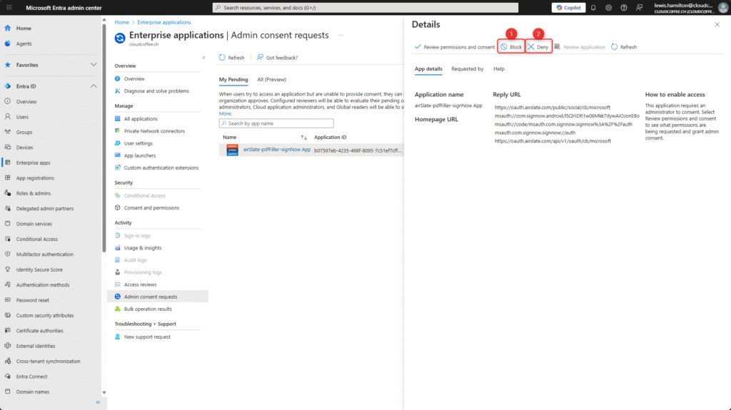 Microsoft Entra ID Admin Consent Workflow – Application request details with block and deny options
