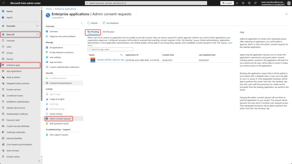 Microsoft Entra ID Admin Consent Workflow – Example of an application pending admin consent request