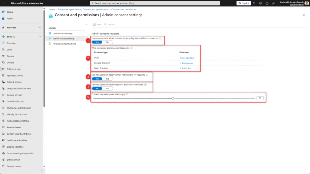 Microsoft Entra ID Admin Consent Workflow – Detailed admin consent settings with notification and expiration options