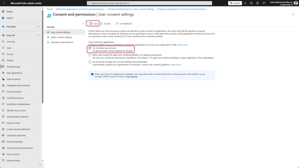 Microsoft Entra ID Admin Consent Workflow – Disable user consent setting in the admin center