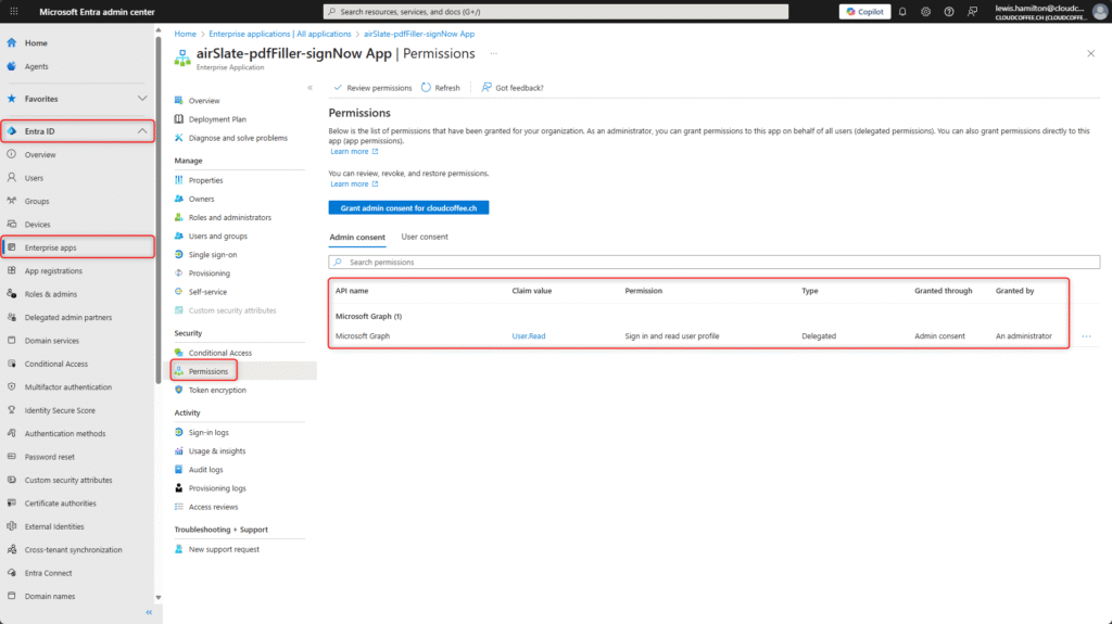Microsoft Entra ID Admin Consent Workflow – Granted permissions overview in the admin center