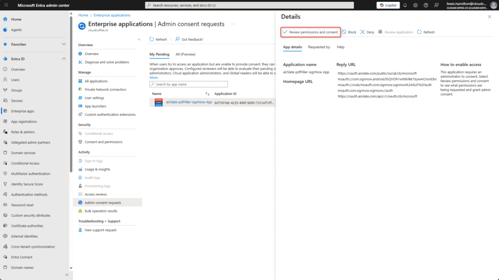 Microsoft Entra ID Admin Consent Workflow – Review permissions and grant admin consent