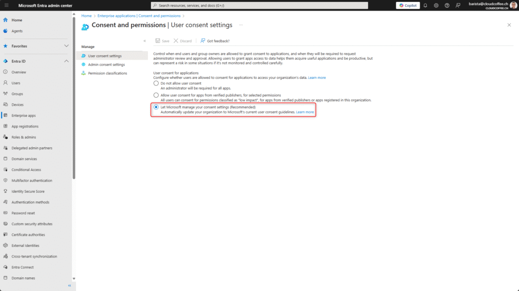 Microsoft Entra ID Admin Consent Workflow – User consent settings in the Entra admin center interface