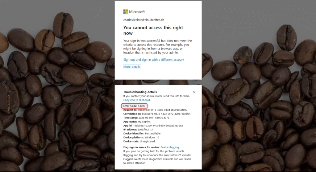 Microsoft Entra sign-in blocked with error code 53003 due to conditional access