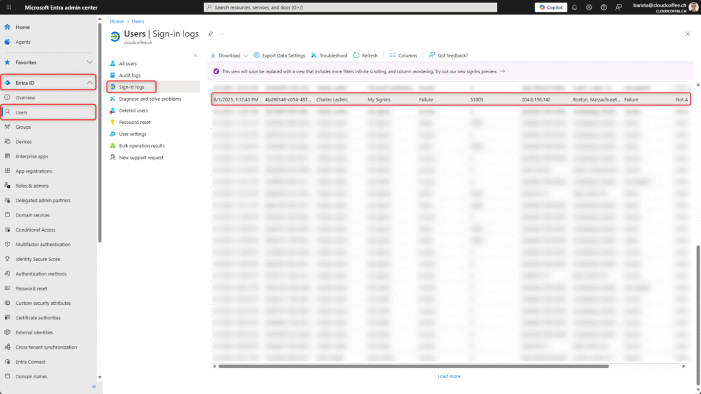 Microsoft Entra sign-in logs showing error code 53003 due to Conditional Access