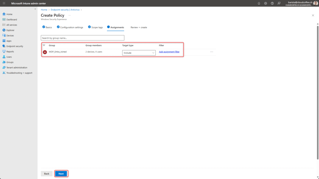 Intune create policy assignments step showing selected group for Windows Security Experience