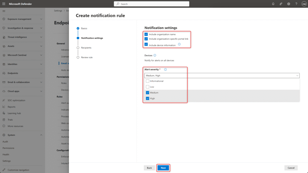 Microsoft Defender for Endpoint – Configure settings when creating an email notification rule