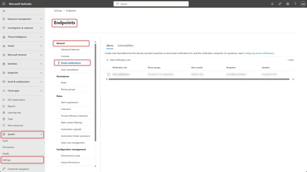 Microsoft Defender for Endpoint – Email notification rules configuration in the security portal