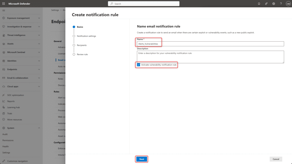 Microsoft Defender for Endpoint – Name step when creating a vulnerabilities notification rule