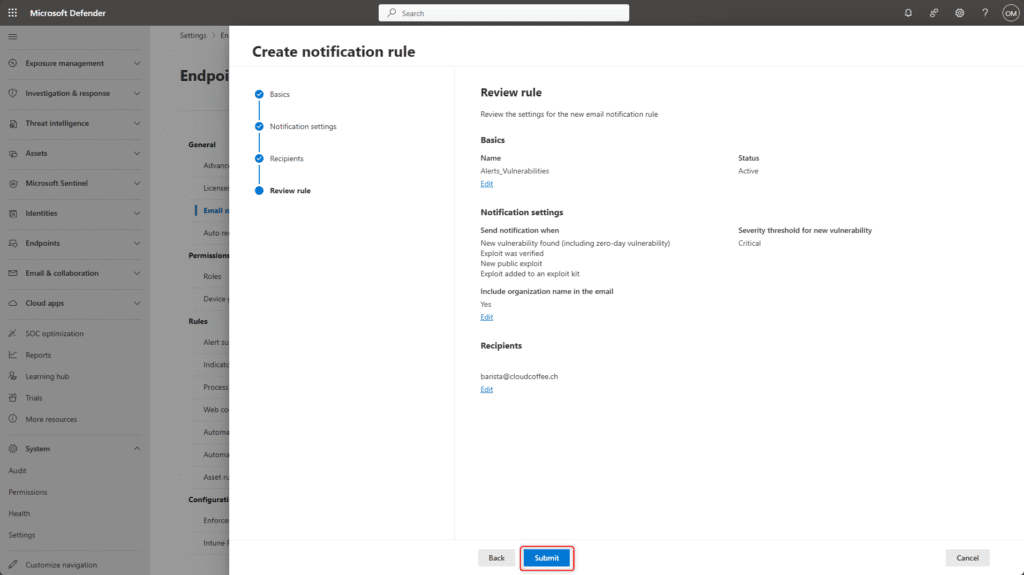 Microsoft Defender for Endpoint – Review and submit step for vulnerabilities notification rule