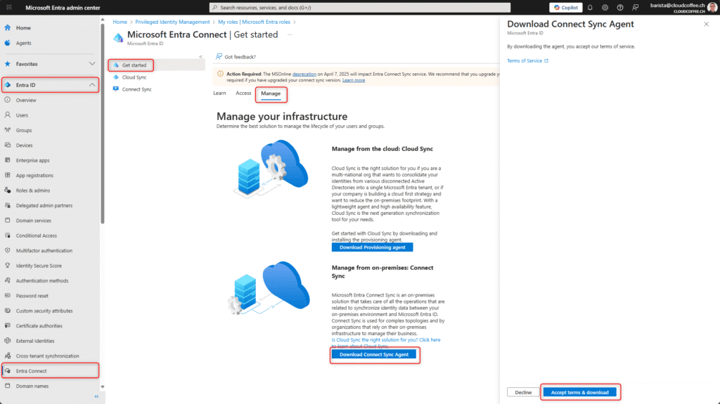 Microsoft Entra Connect Sync overview with version status and download option visible