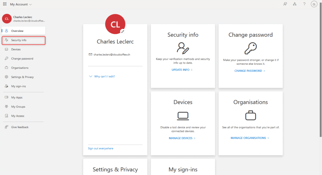 Microsoft Entra My Account portal with Security info highlighted