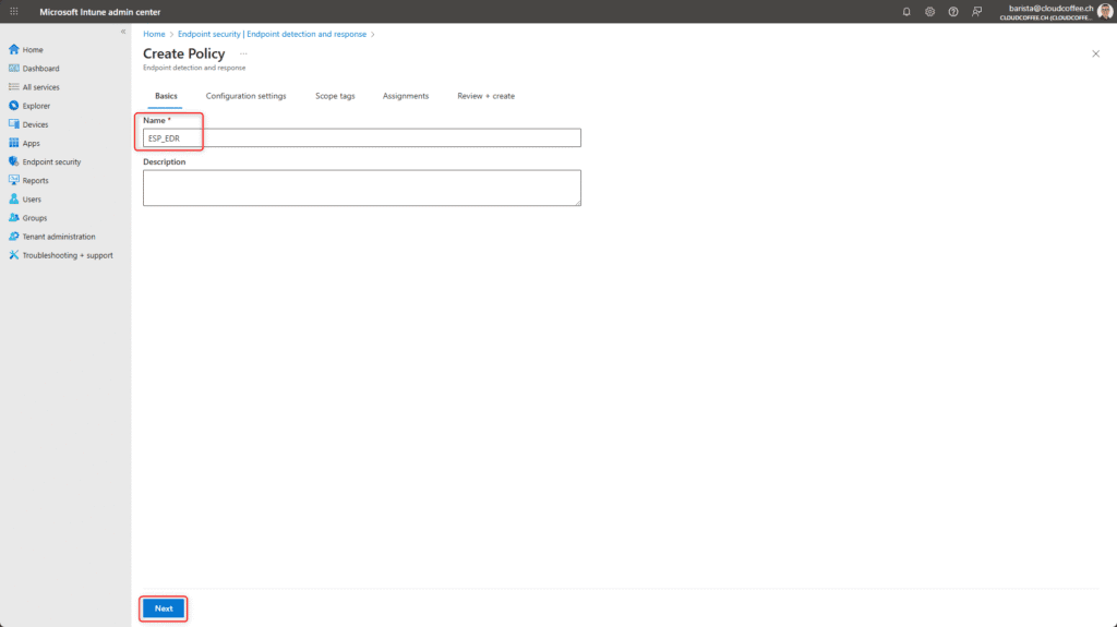 Microsoft Intune – Create EDR policy for Defender for Endpoint, naming step